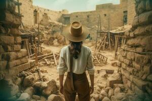 arkeolog kvinna ruiner. generera ai foto