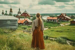 ryska kvinna fält gammal by. generera ai foto