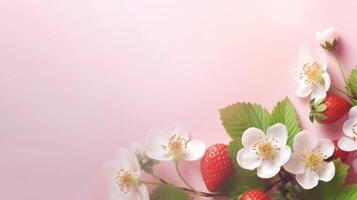 jordgubbar och blommor på en pastell rosa bakgrund med kopia Plats. ai genererad. foto