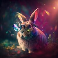 kanin med glasögon i en färgrik dröm värld ai genererad foto