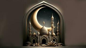 3d framställa av utsökt moské med halvmåne måne i fönster båge. islamic religiös begrepp. foto
