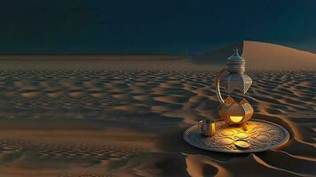3d framställa av silver- arabicum kanna med kopp på tallrik mot sand dyn. islamic religiös begrepp. foto