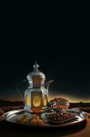 3d framställa av arabicum te eller kaffe pott och frukt på bricka. islamic religiös begrepp. foto