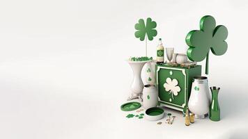 3d sammansättning av säker låda med vaser, klöver löv och dekorativ element. st. Patricks dag begrepp. foto