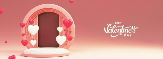 Lycklig hjärtans dag text med 3d framställa, hjärta form ballonger dekorerad cirkulär ram och podium. foto