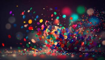 lekfull bokeh effekt bild av färgrik konfetti faller mot en suddig bakgrund. dekorativ bakgrund ai genererad foto