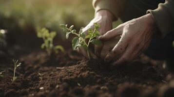 trädgårdsmästare plantering plantor i de jord ai generativ foto