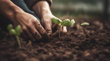 plantering en rad av ung plantor ai generativ foto