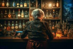bartender gammal kvinna bar. generera ai foto