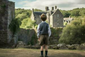 scot barn pojke skott slott. generera ai foto