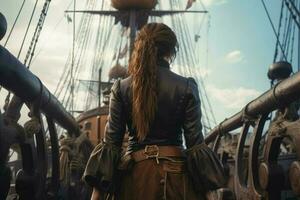 pirat kvinna kapten ombord pirat fartyg. generera ai foto