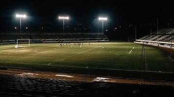 universell gräs stadion upplyst förbi spotlights och tömma grön gräs lekplats generativ ai foto