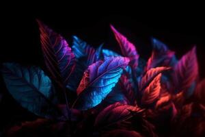 defocused neon täcka över. fläck led glöd. blad textur lysa skarpt. fläck fluorescerande lila röd dekorativ belysning rörelse på mörk svart abstrakt bakgrund. ai generativ foto