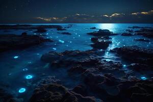 hav Strand på natt, de vatten är full av dinoflagellater, lysande med miljoner ljus blå neon glöd i de mörk mycket liten prickar. ai generativ foto