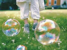 en stänga upp av jätte bubblor, suddig bakgrund av en barnets bokeh ben bär vit kläder och löpning runt om på de gräsmatta. ai generativ foto