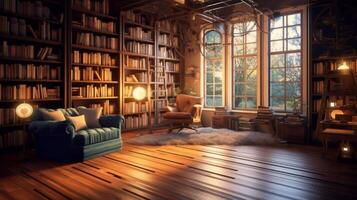 mysigt och välmöblerad bibliotek rum fylld med böcker. generativ ai foto