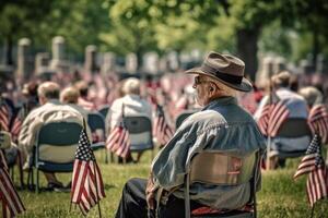 ett äldre man sittande i en stol med amerikan flaggor i de bakgrund. generativ ai foto