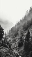 berg skog med dimma och dimma. ai generativ foto