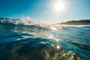 sommar landskap, natur av tropisk med strålar av Sol ljus. skön Sol lysa skarpt i Vinka av transparent blå vatten på strand mot blå himmel. ai generativ foto