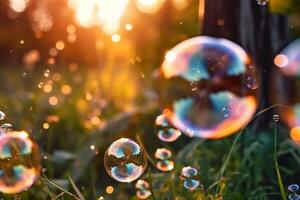 tvål bubblor mot en suddig ljus naturlig sommar bakgrund. ai generativ foto