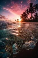 fotografera av skön inbjudande strand scen med rosa solnedgång himmel. ai generativ foto