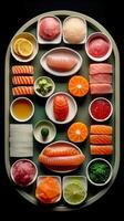 sushi, deconstructed mästerverk, vibrerande fisk skivor. ai generativ foto