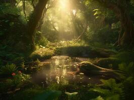 glänta i en filmiska magisk skog. ai generativ foto