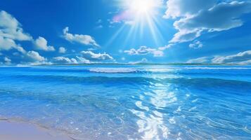 en skön strand med kristall blå vatten och vit sand. ai generativ foto