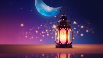 ramadan kareem lykta måne realistisk sammansättning med färgrik himmel suddigt stjärnor och halvmåne måne. ai generativ foto