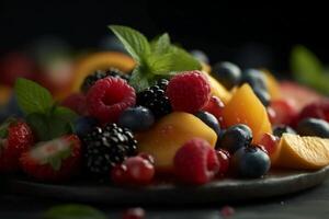 färsk frukt sallad, stänga upp, makro, i de stil av mat fotografi. ai generativ foto