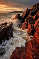 de vågor är kraschar över de stenar på solnedgång. ai generativ foto