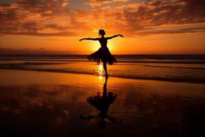 de silhuett av en ballerina på de solnedgång strand. ai generativ foto