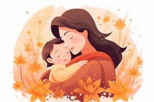 illustration av mor med henne liten barn, blomma i de bakgrund. begrepp av mödrar dag, mödrar kärlek, relationer mellan mor och barn. ai generativ foto