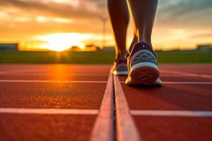 löpare fötter i en atletisk löpning Spår. ung man idrottare Träning på solnedgång. ai generativ foto