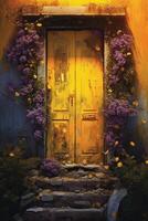 bild av en sten dörr med växter och gul dörr. ai generativ foto