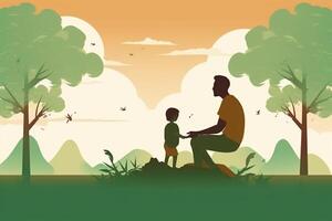 illustration av far med hans liten barn, träd i de bakgrund. begrepp av fäder dag, fäder kärlek, relationer mellan far och barn. ai generativ foto