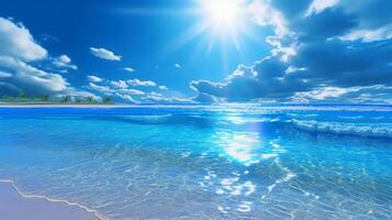 en skön strand med kristall blå vatten och vit sand. ai generativ foto