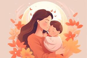 illustration av mor med henne liten barn, blomma i de bakgrund. begrepp av mödrar dag, mödrar kärlek, relationer mellan mor och barn. ai generativ foto