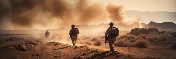 militär särskild krafter soldater går över förstörd krigszon genom brand och rök i de öken, ai generativ foto