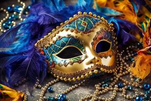 venetian karneval mask och pärlor dekoration. mardi gras bakgrund. ai generativ foto