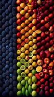 en samling av frukt i annorlunda färger. ai generativ foto