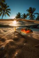 fotografera av skön inbjudande strand scen med solnedgång himmel. ai generativ foto