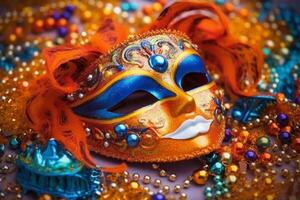 venetian karneval mask och pärlor dekoration. mardi gras bakgrund. ai generativ foto