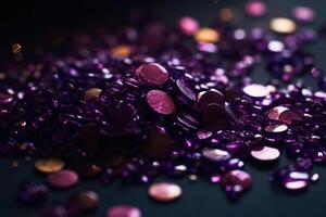 gnistrande glitter abstrakt bakgrund mörk lila mättad Färg, de - fokuserad, makro. paljetter falla och gnistra, runda bokeh. ai generativ foto