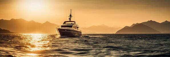 lyx Yacht segling i de mitten av de hav bredvid ett ö och bergen i de horisont på solnedgång som bred baner. ai generativ foto
