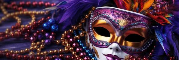 venetian karneval mask och pärlor dekoration. mardi gras bakgrund. ai generativ foto