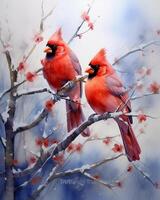 vattenfärg impressionist målning av kardinaler skildrar. ai generativ foto