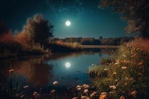 natt landskap miljö skörda måne över en glittrande sjö frodig vegetation björkträ träd, blommor, magisk galaxy.ai generativ foto