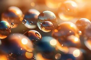 tvål bubblor mot en suddig ljus bakgrund. ai generativ foto