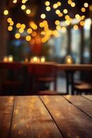 bild av trä- tabell i främre av abstrakt suddig bakgrund av restaurang lampor. ai generativ foto